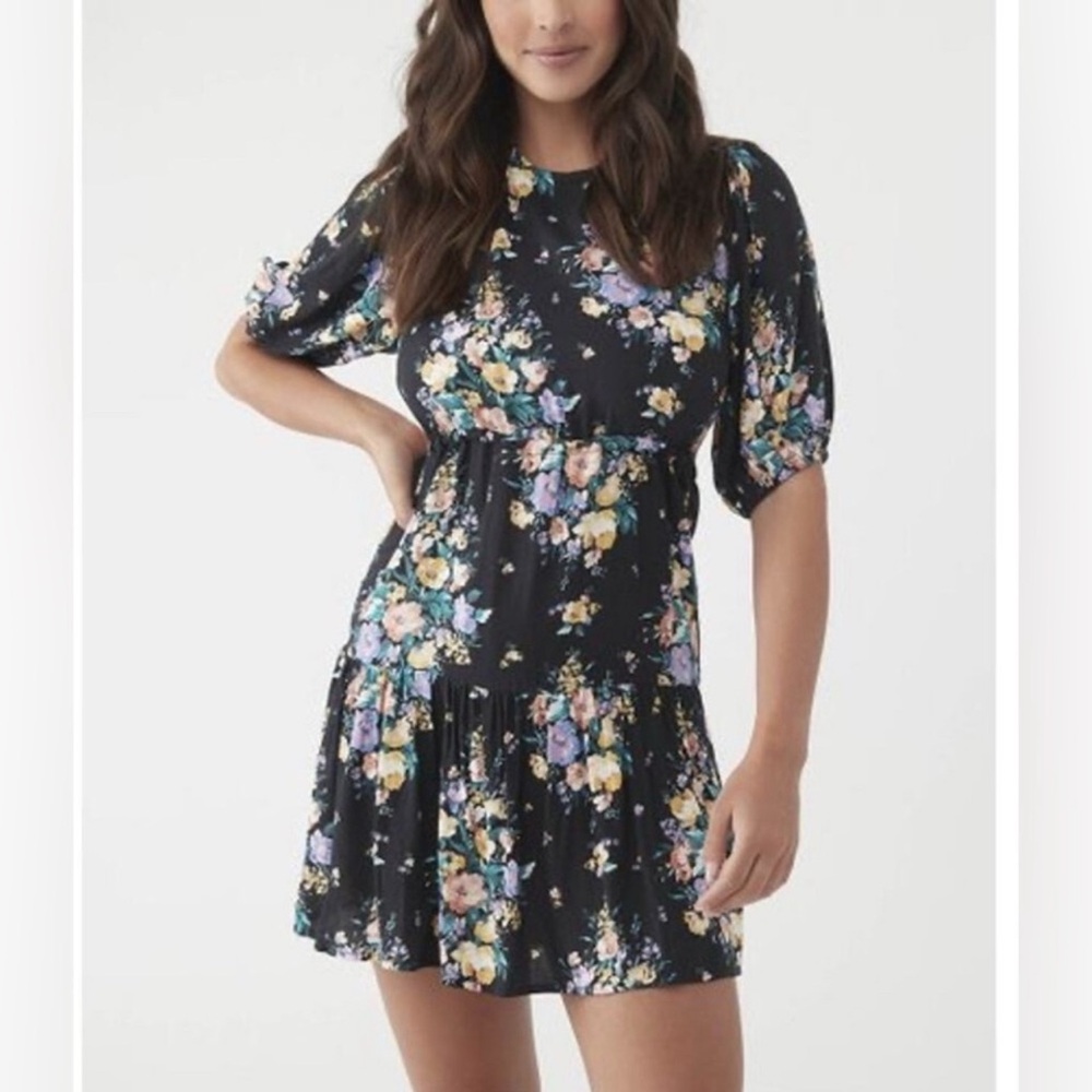 O’Neill Black Floral Romantic Backless Puff Half Sleeves Mini Dress Size L